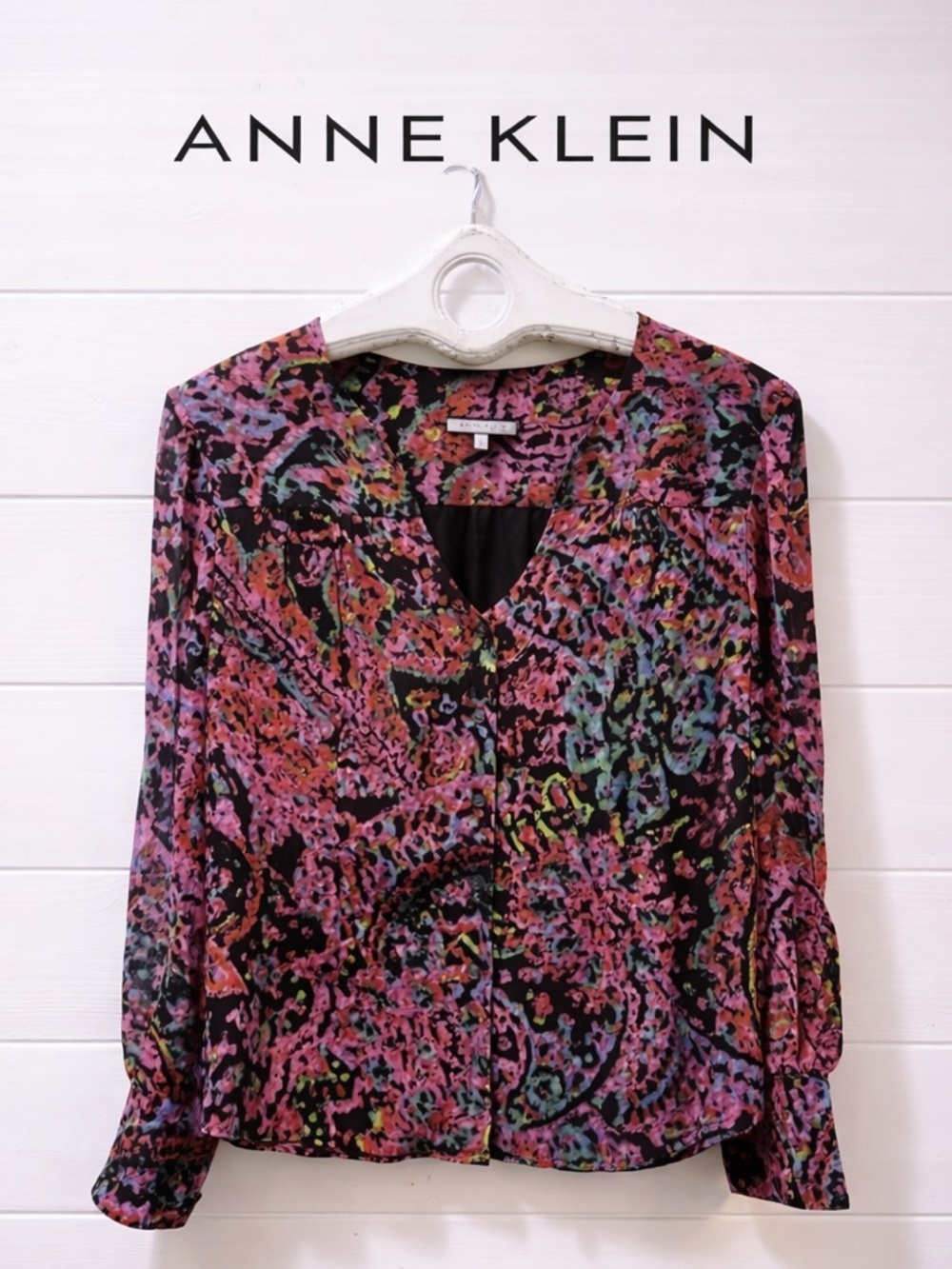 ANNE KLEIN – Silk Multicolor Blouse (14) – Black / Pink / Multicolor
